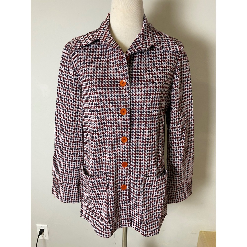 Vintage Tiger 1970s Houndstooth Knit Jacket Red White Blue Button Up Blazer